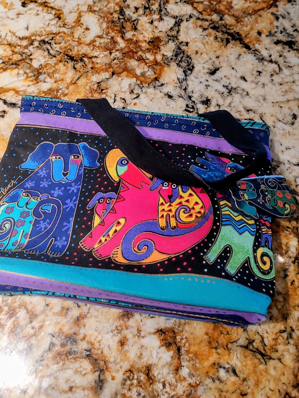 Laurel Burch Black Multicolor Playful Dog Tote with Teal Trim - Picture 3 of 11
